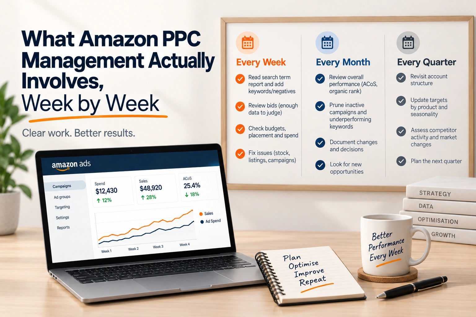 A week of Amazon PPC management laid out as a checklist, with search term review, bid changes and reporting marked off