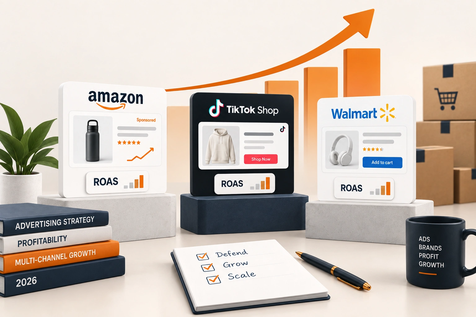 Banner reading ROAS Benchmarks for Amazon PPC, TikTok Shop and Walmart Connect for 2026, with a rising ROAS chart