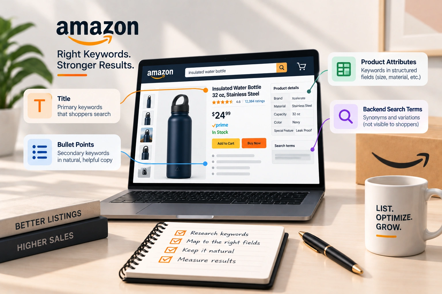 A keyword list beside an Amazon listing, with arrows to the title, bullets, attributes and backend field