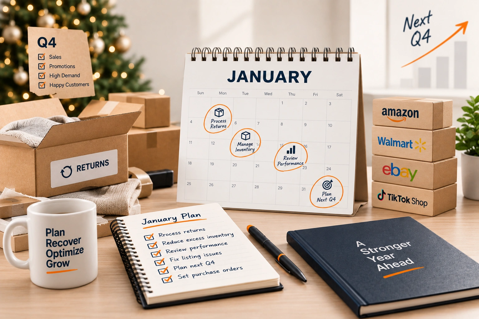 A January desk after the holiday: returns in open boxes, a stock count sheet and a fresh calendar for the new year