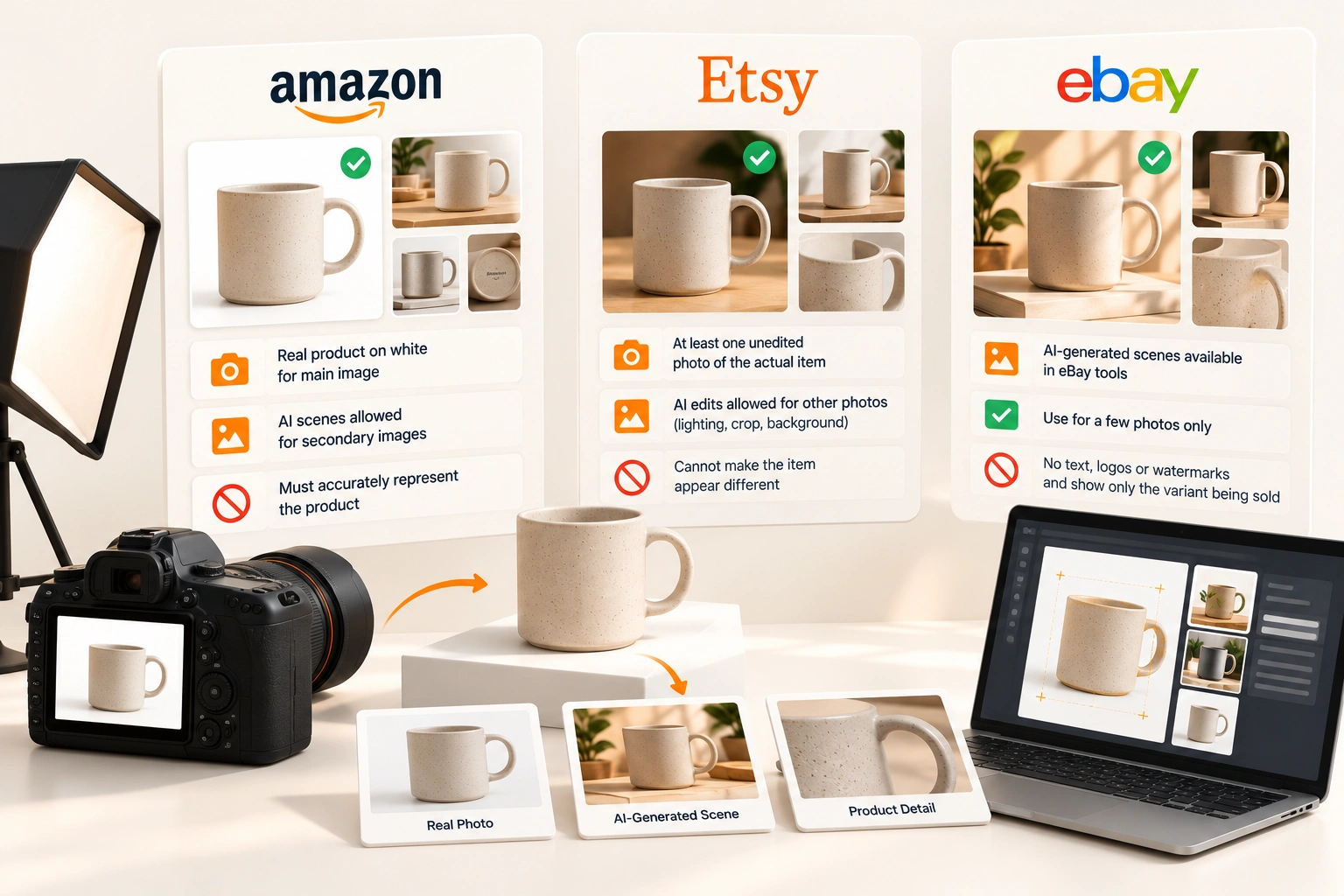 A ceramic mug photographed on a white sweep beside a monitor showing the same mug placed into a generated kitchen scene