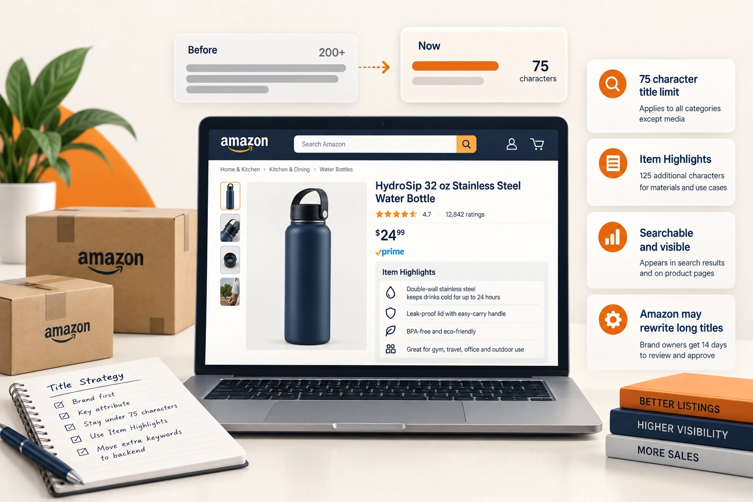 An Amazon product detail page on a laptop showing a short product title above a list of item highlights, in daylight