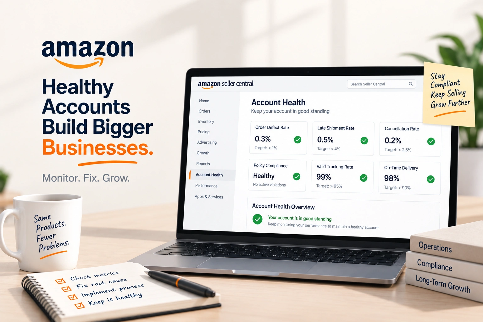 An Amazon account health dashboard with order defect rate, late shipment rate and policy violations picked out