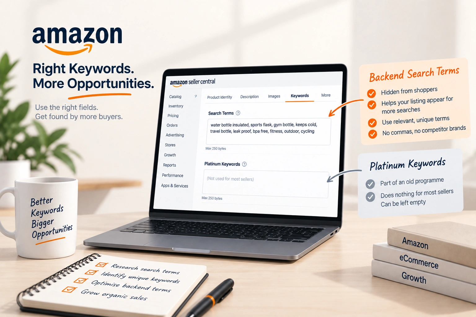 Two hidden keyword fields on an Amazon listing, one filled to its byte limit and one marked as doing nothing