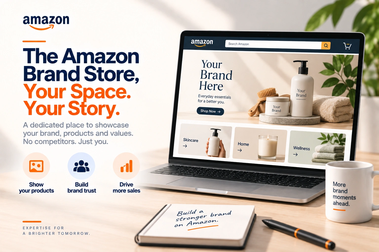 An Amazon Brand Store laid out as pages: a landing page, category pages beneath it, and a product grid on each one