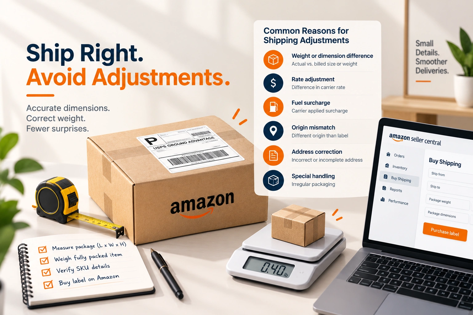 A postal scale with a small padded mailer on it, a tape measure across the parcel, a shipping label and a statement beside