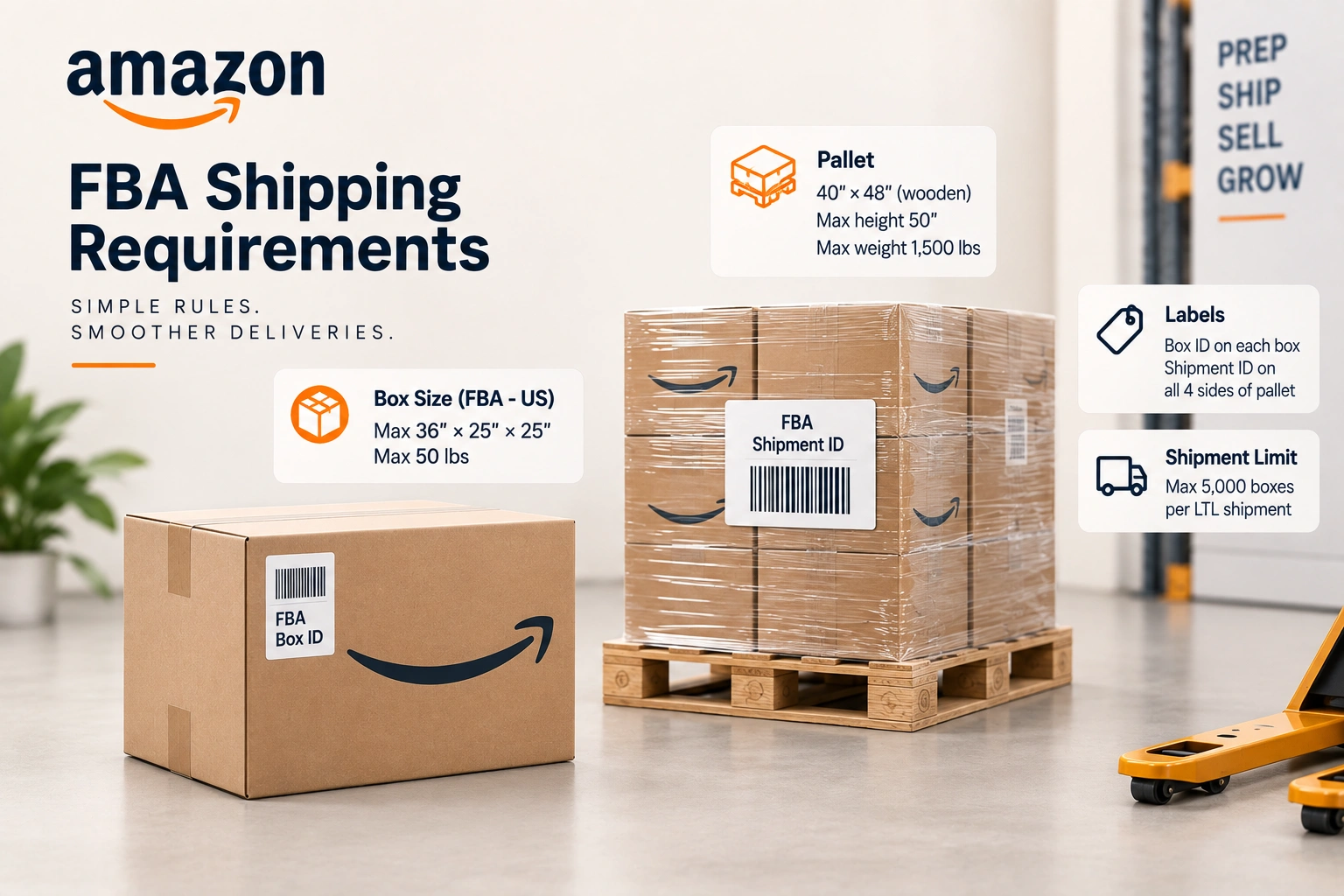 A wooden pallet of labelled cartons wrapped in stretch film on a loading dock, a tape measure across one carton