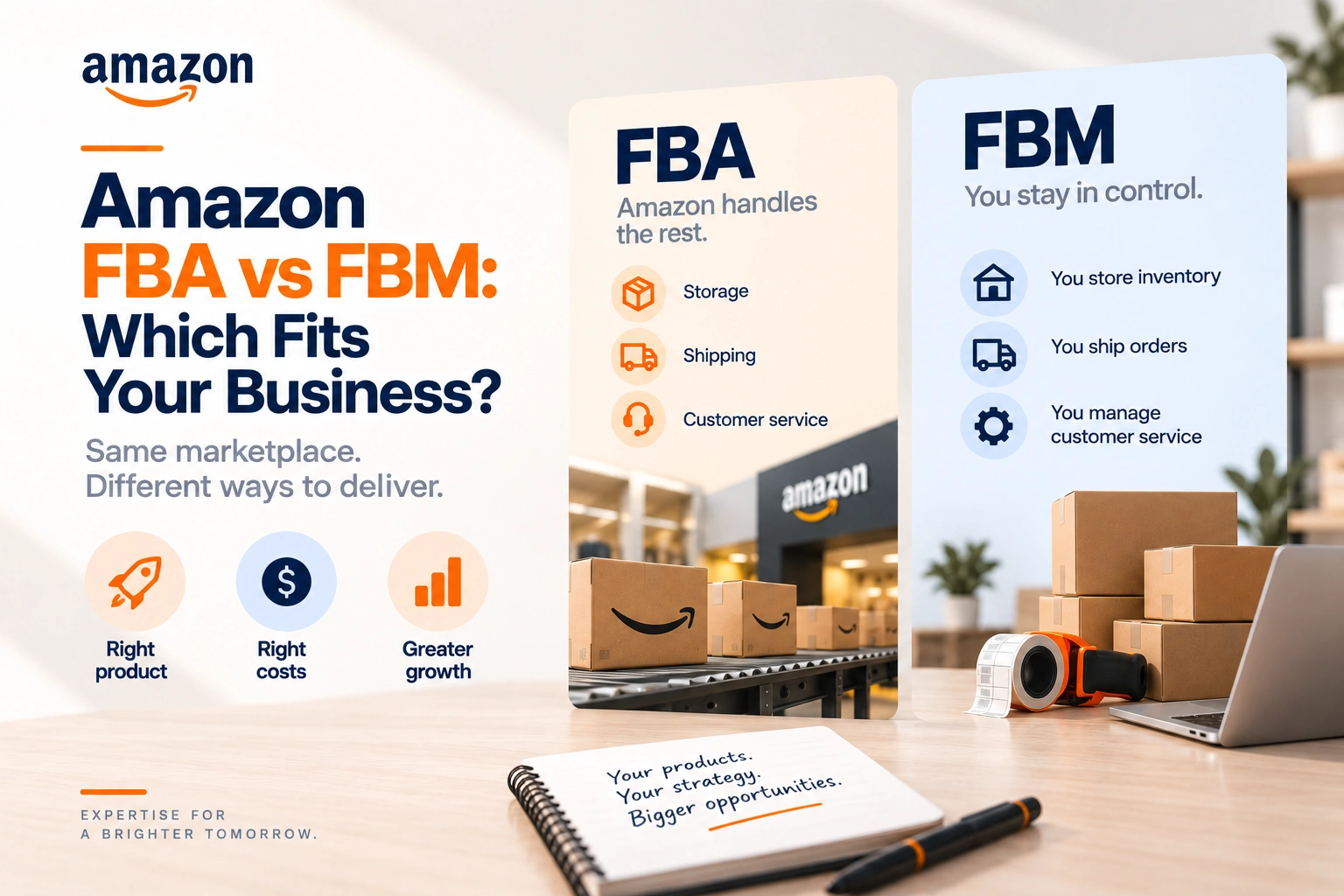 One product in an Amazon fulfilment centre box and in a seller's own packaging, with a margin under each