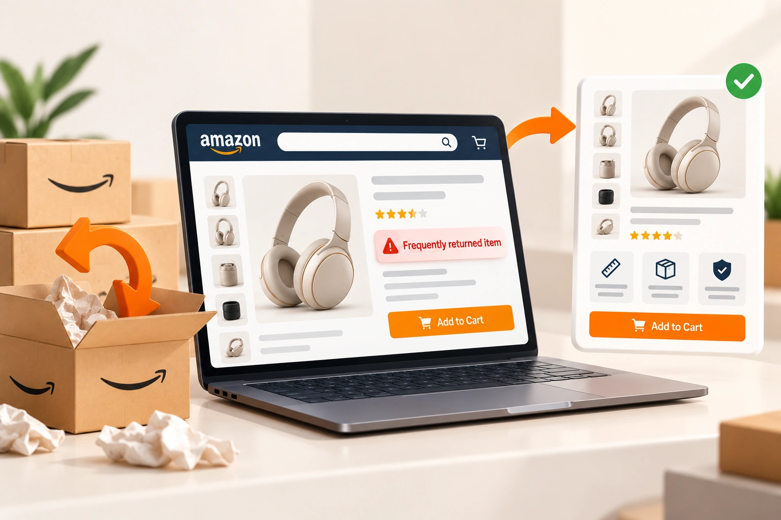 A product page on a laptop showing a returns warning, beside an opened product box and a printed returns report