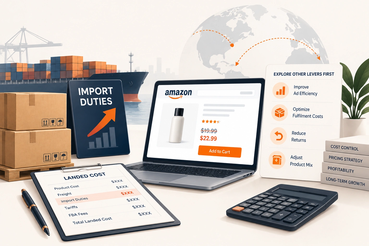 A landed cost broken into product, freight and duty, with the margin left over shown against the shelf price