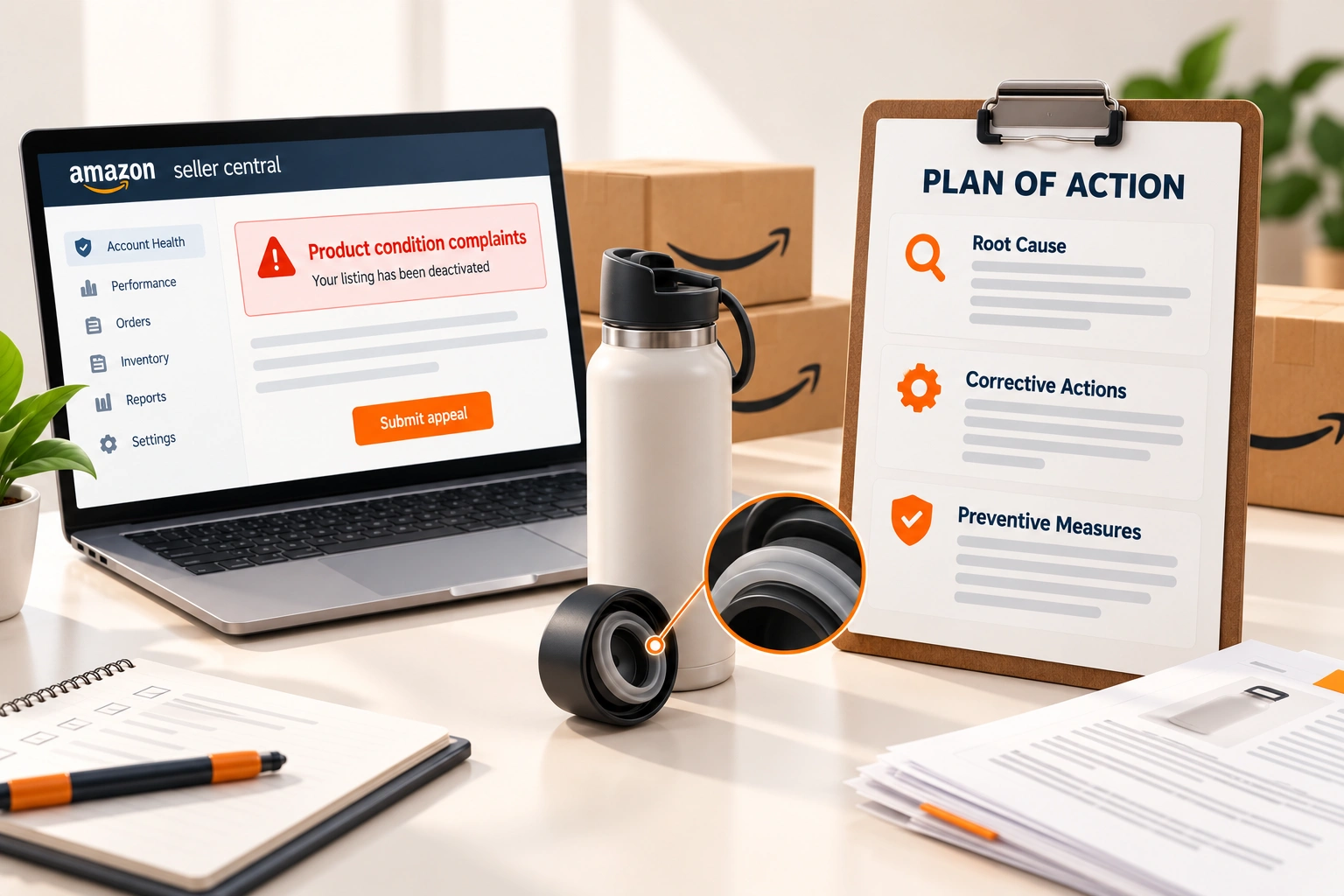 A printed plan of action on a desk beside a supplier invoice, an inspection checklist and a laptop open to an appeal form