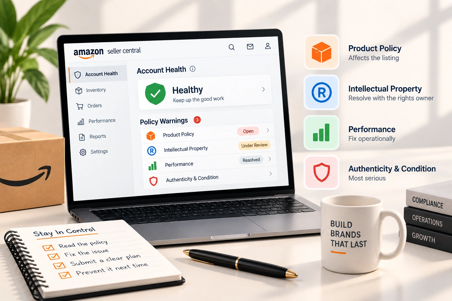 An account health dashboard with one policy warning open, showing the violation, appeal option and rating