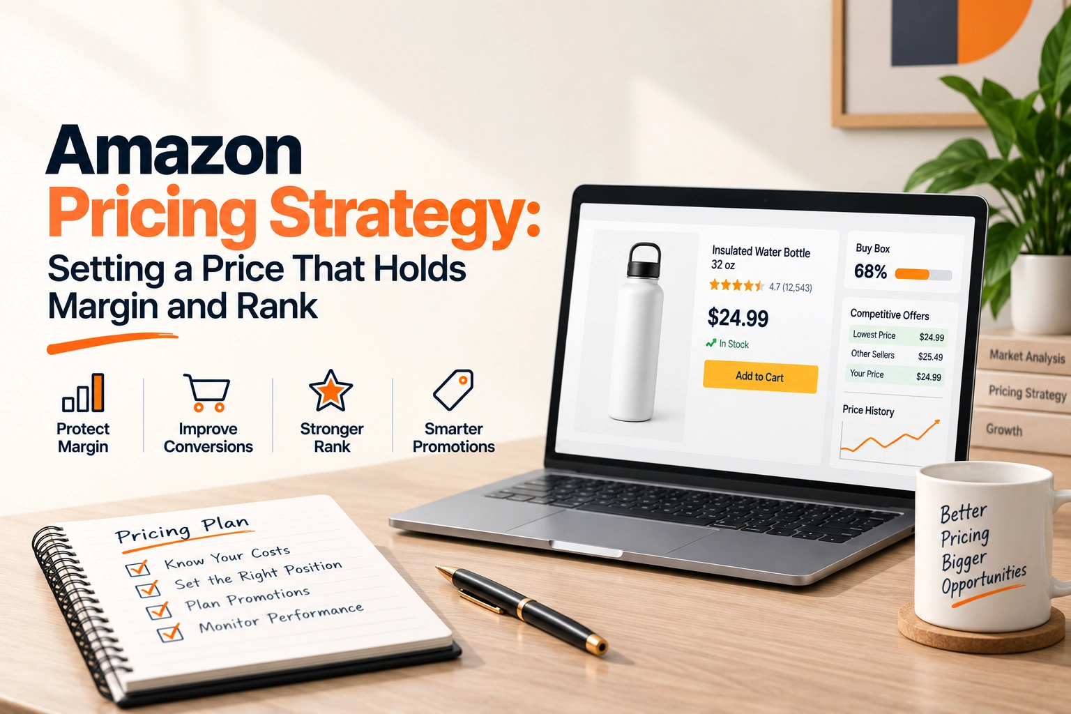 One Amazon product's price over a quarter, with its coupon, its deal and two repricing moves marked against the margin line
