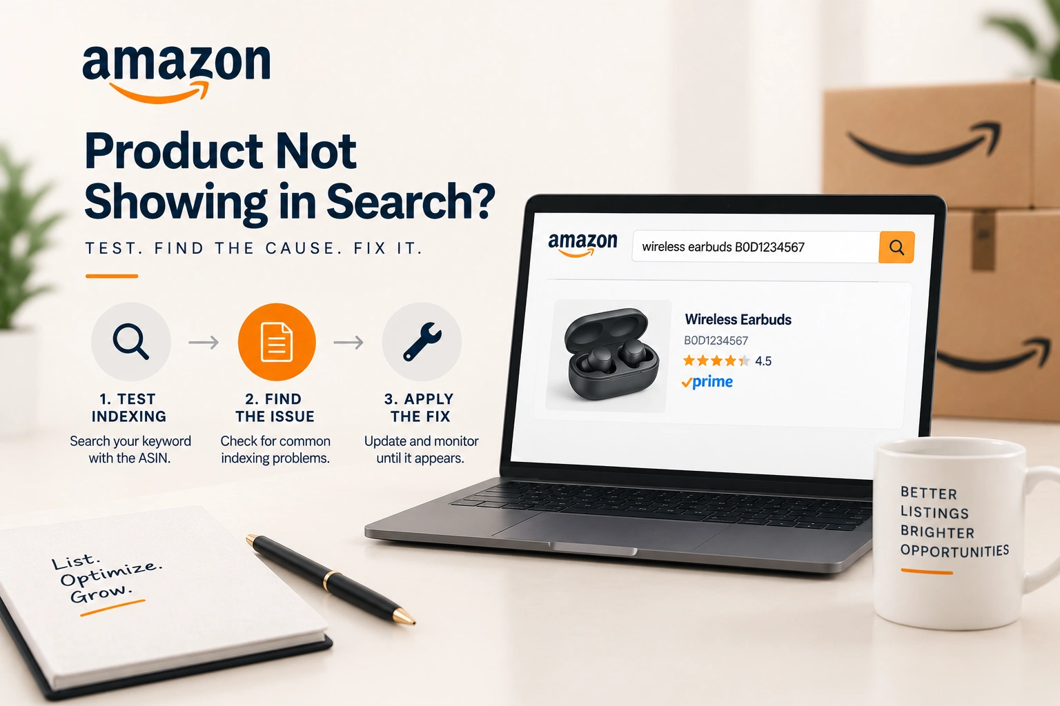 A search results page on a laptop with a listing missing from it, a printed list of search terms beside it, one term circled