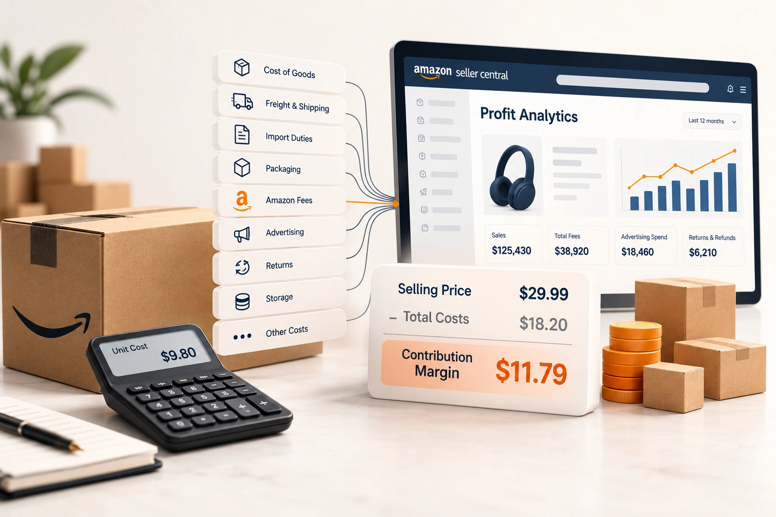 A monitor showing a per-product profit table beside a printed cost sheet with freight and duty lines, on a tidy desk