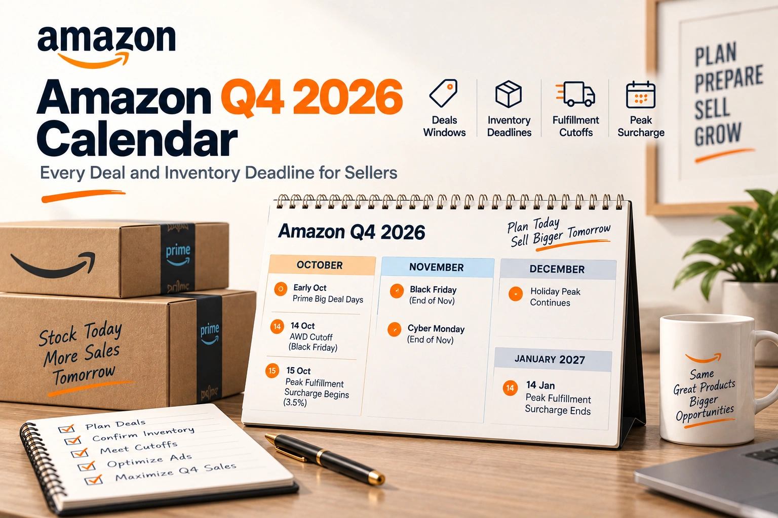 A fourth quarter calendar on a warehouse desk, inbound pallets behind it, the deal and inventory deadlines marked in orange