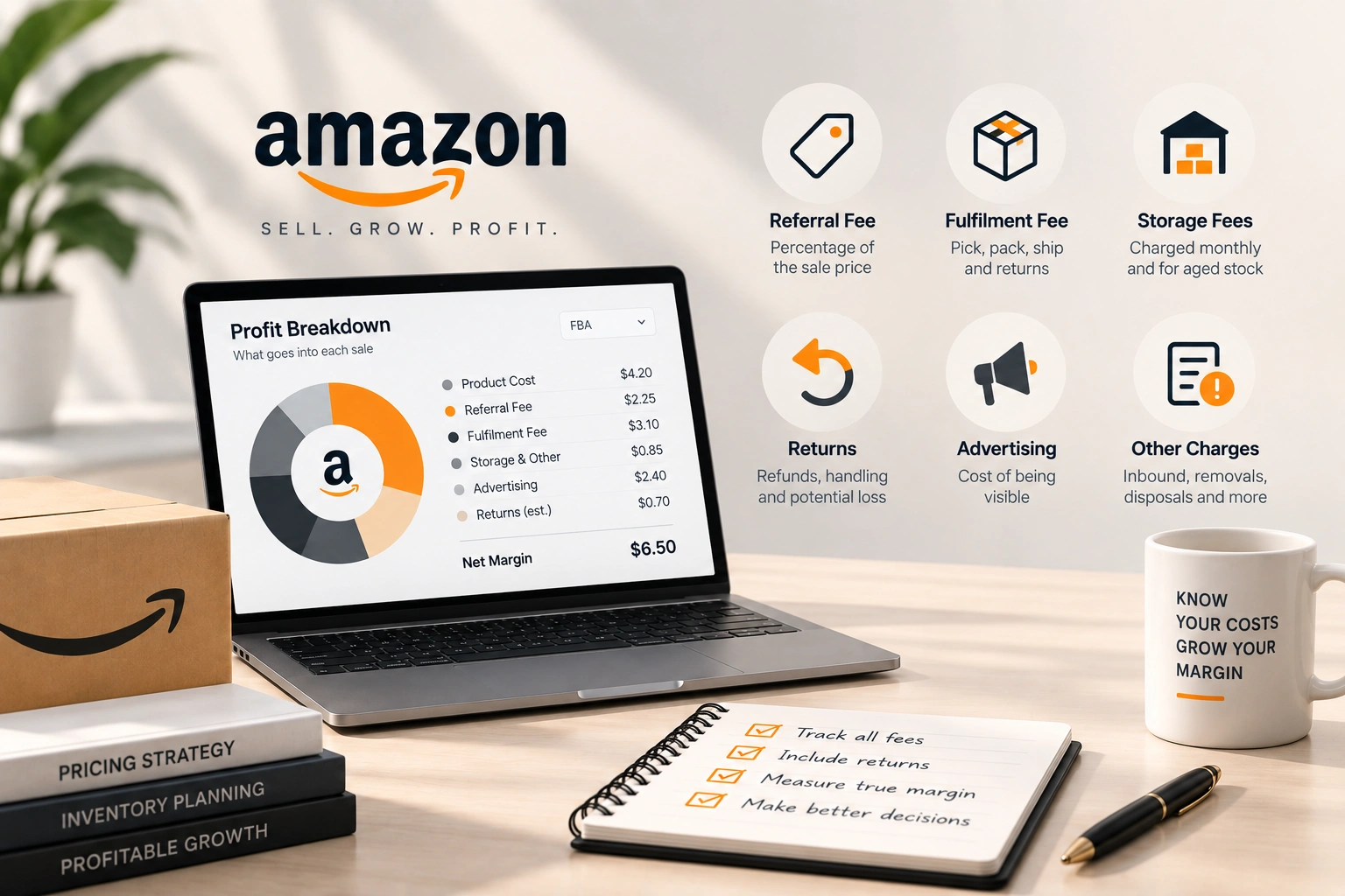 One order broken into its parts: referral fee, fulfilment fee, storage and advertising, with what is left marked as margin