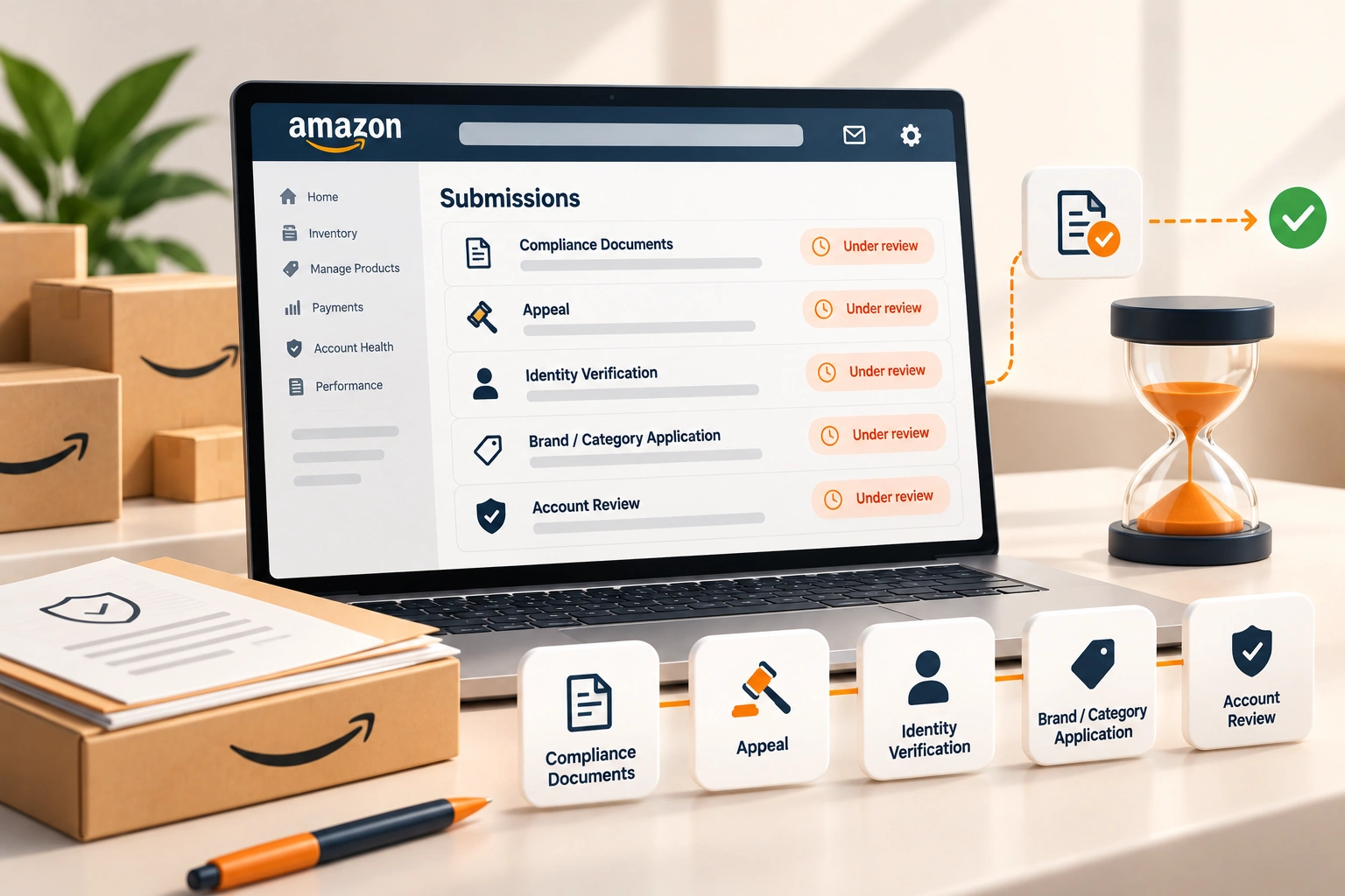A laptop showing a seller account page with several items marked under review, beside compliance certificates and an invoice