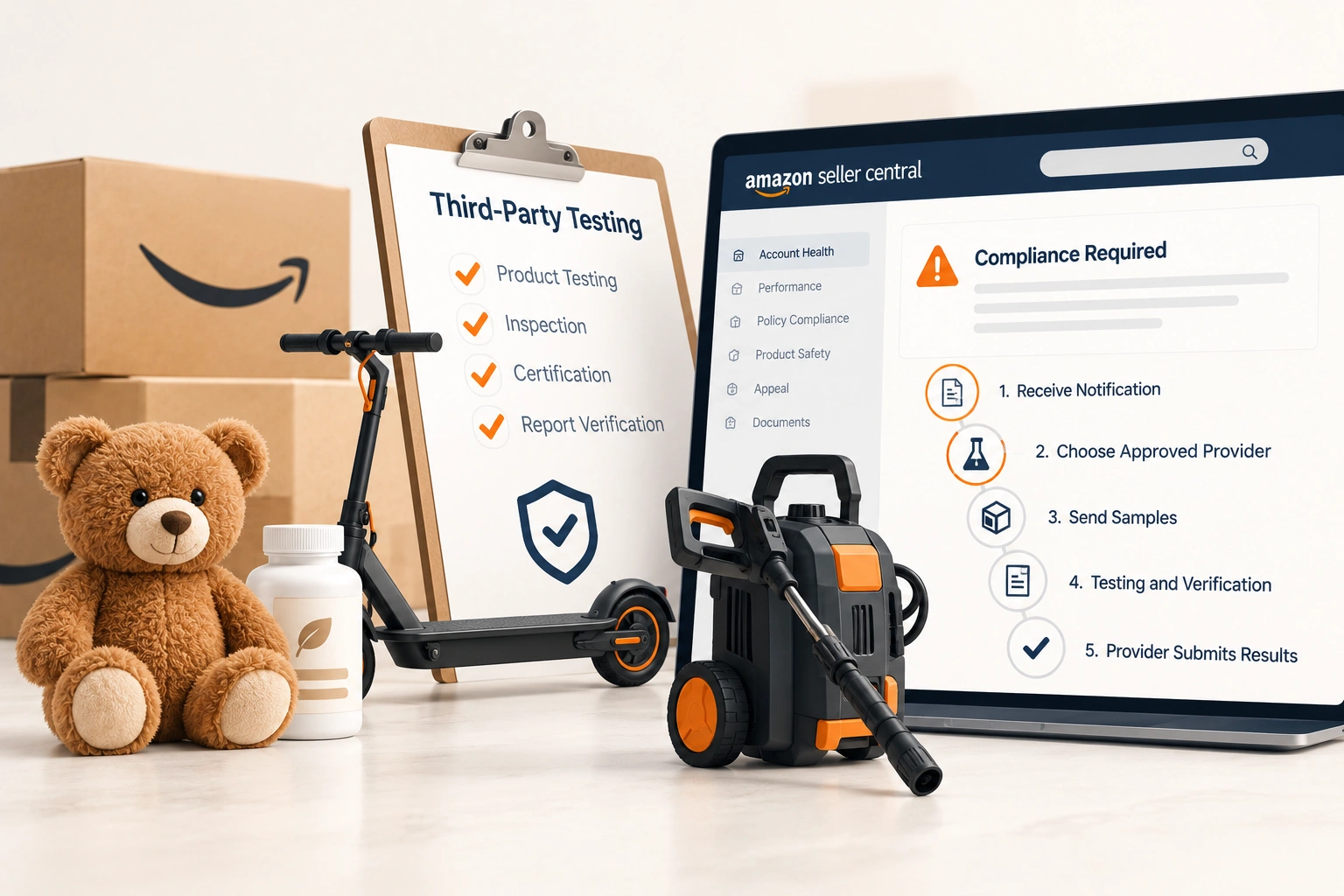 A boxed toy and a pressure washer on a lab bench beside a certificate folder and a laptop open to an account dashboard