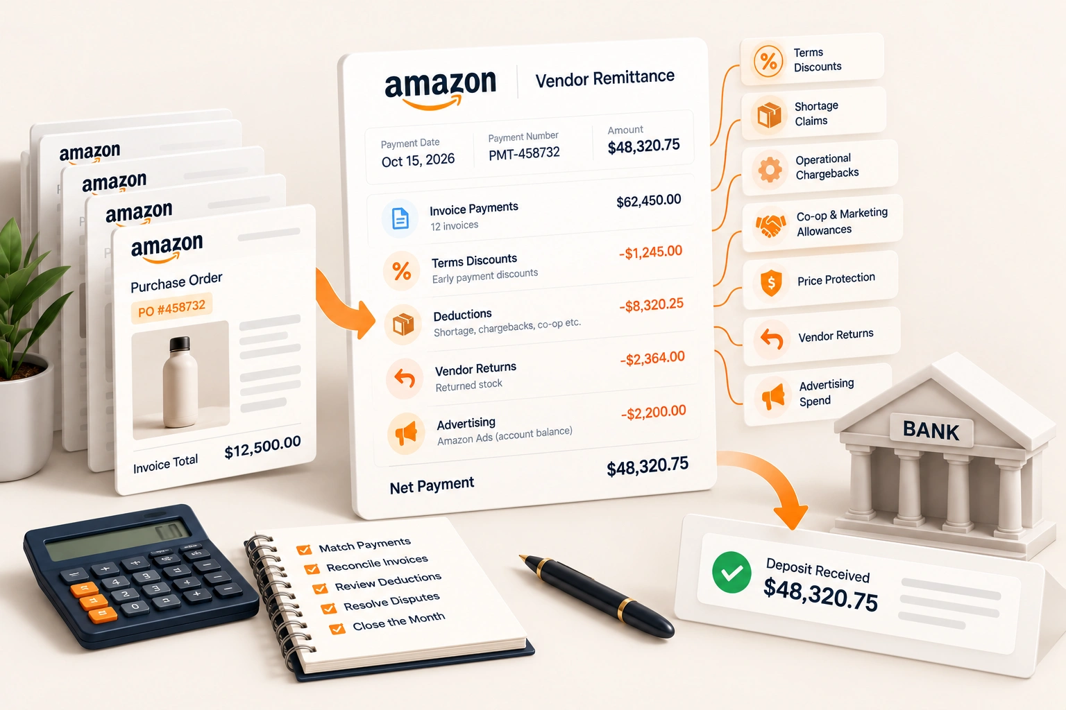 A laptop showing a payments table beside a stack of supplier invoices and sealed cartons on a warehouse office desk