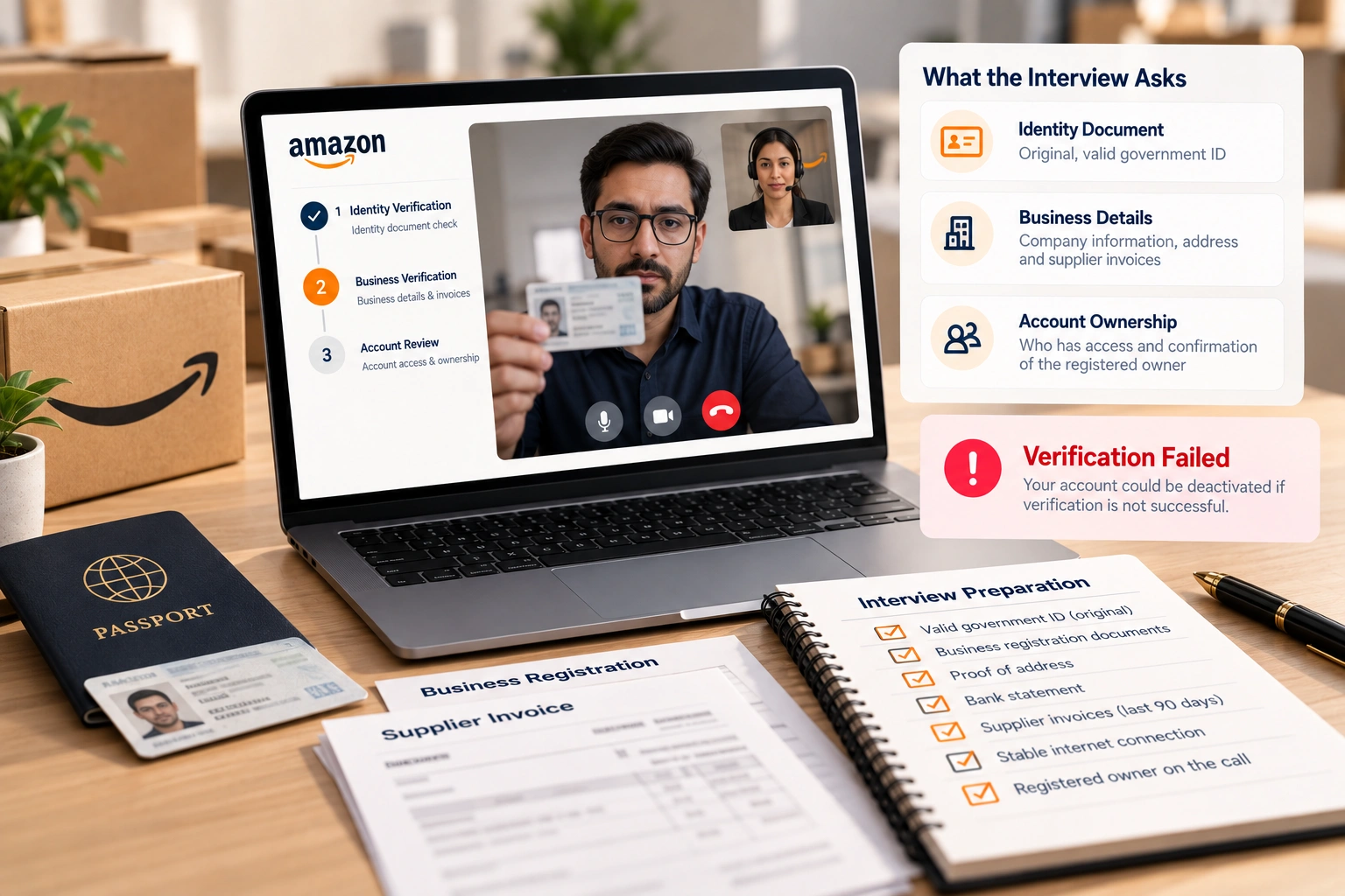 A seller on a video call holding a passport to the camera, with supplier invoices and a company certificate beside the laptop
