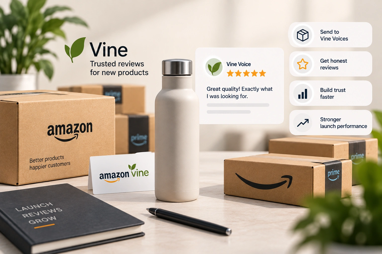 A new product in a plain box on a desk beside a laptop showing five empty review stars on an Amazon listing, in warm light