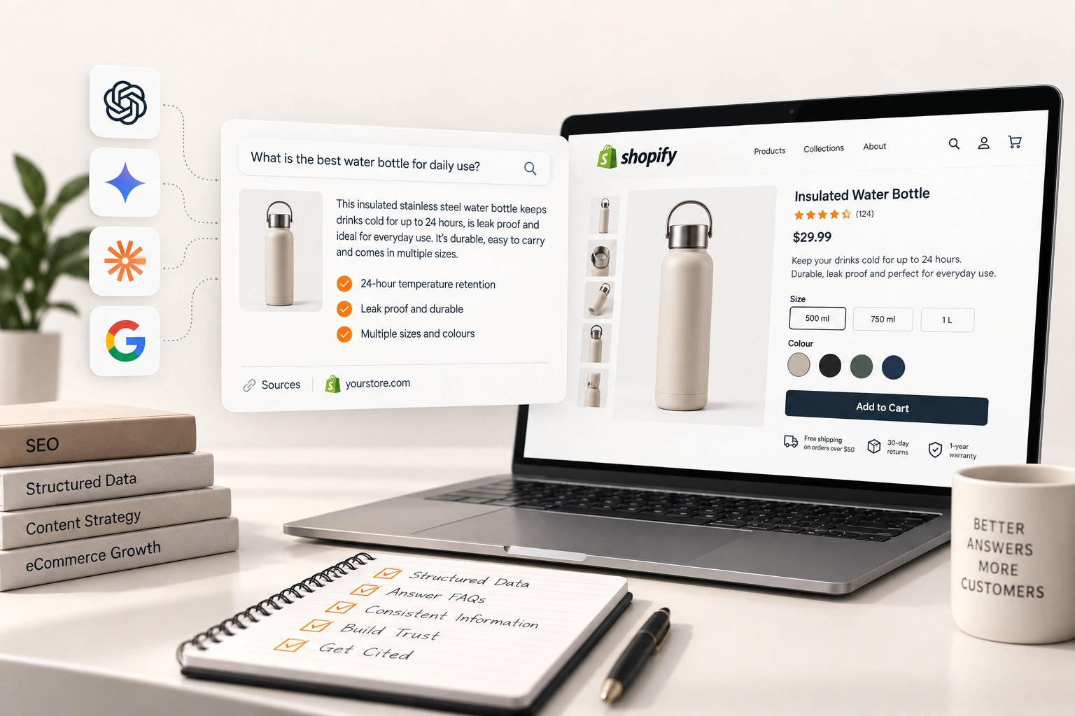 A product question typed into an assistant, with the answer beside the store page it was drawn from