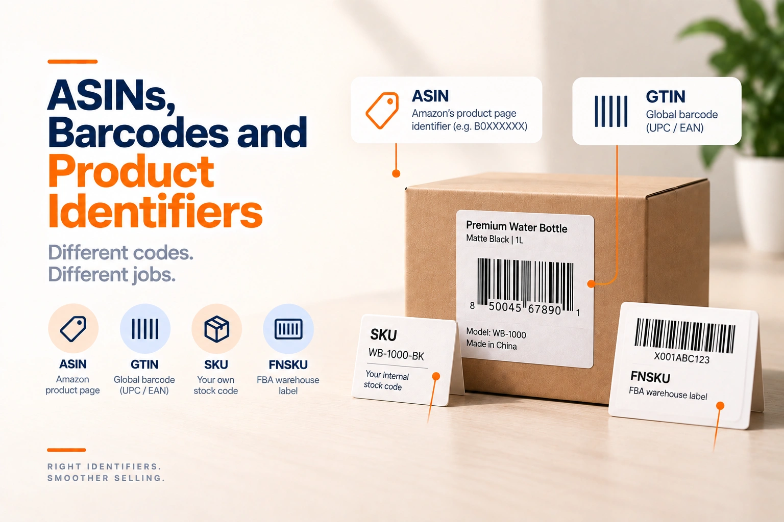 A product carton with its barcode beside an Amazon listing showing the ASIN it was matched to