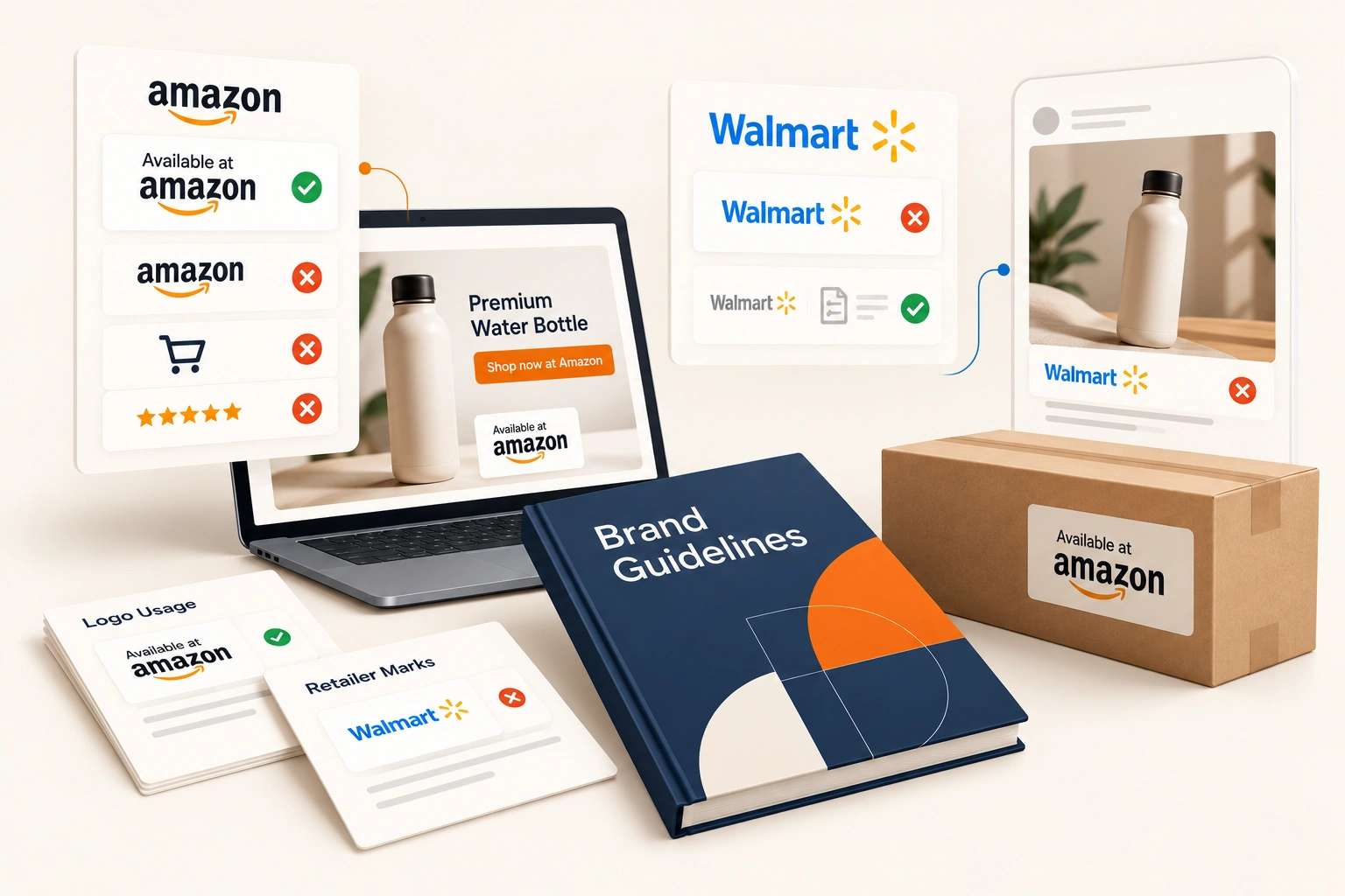 A printed brand style guide open beside a product carton, colour swatch cards and proof prints on a design studio table