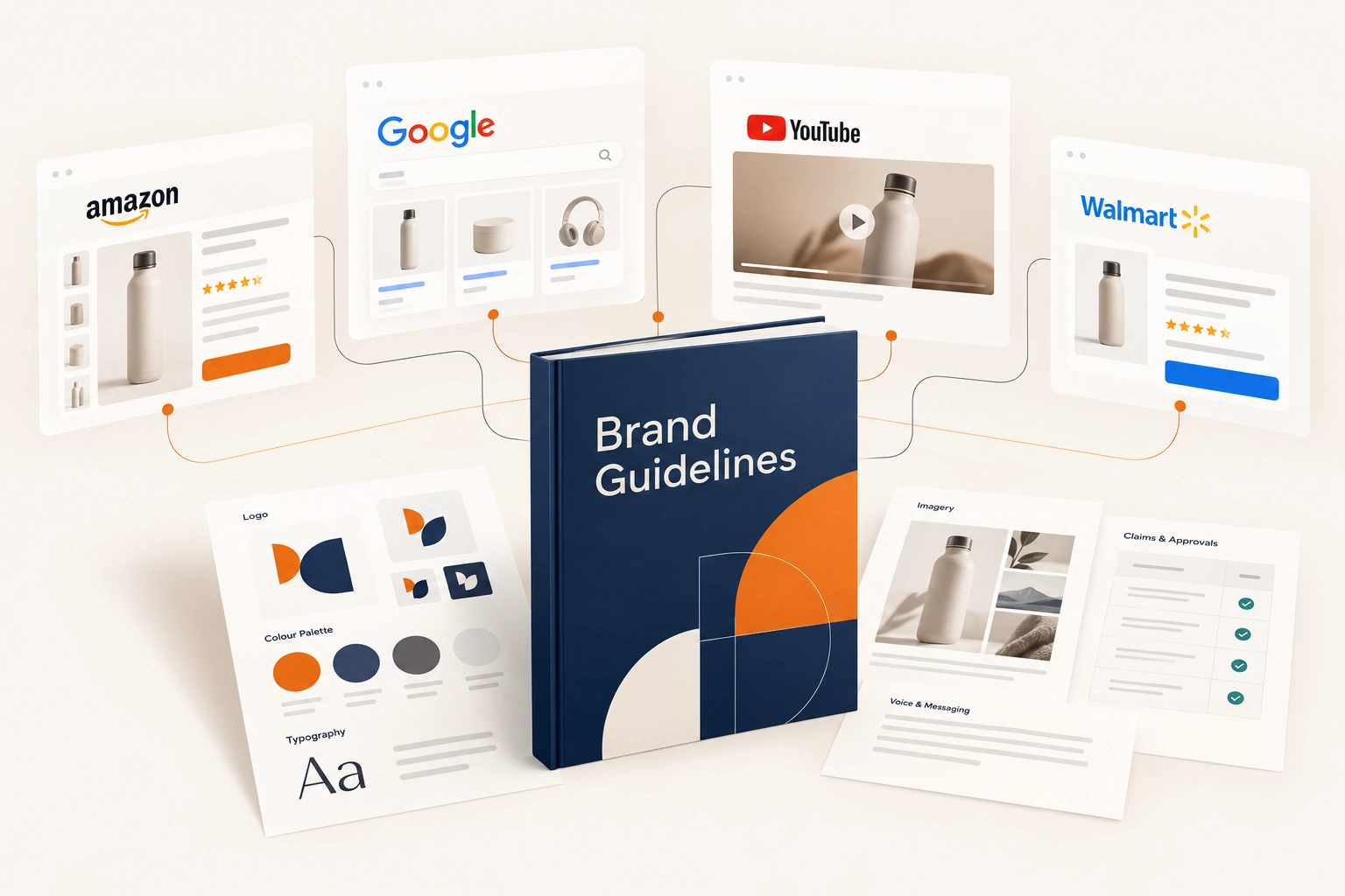An open brand guidelines binder on a studio table beside logo proofs, colour swatch cards and a branded product carton