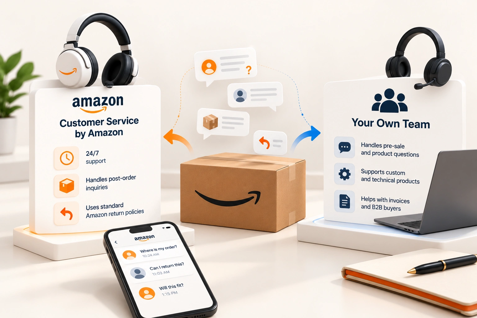 A headset resting beside an open laptop showing a message inbox, sealed shipping cartons stacked on a bench behind it