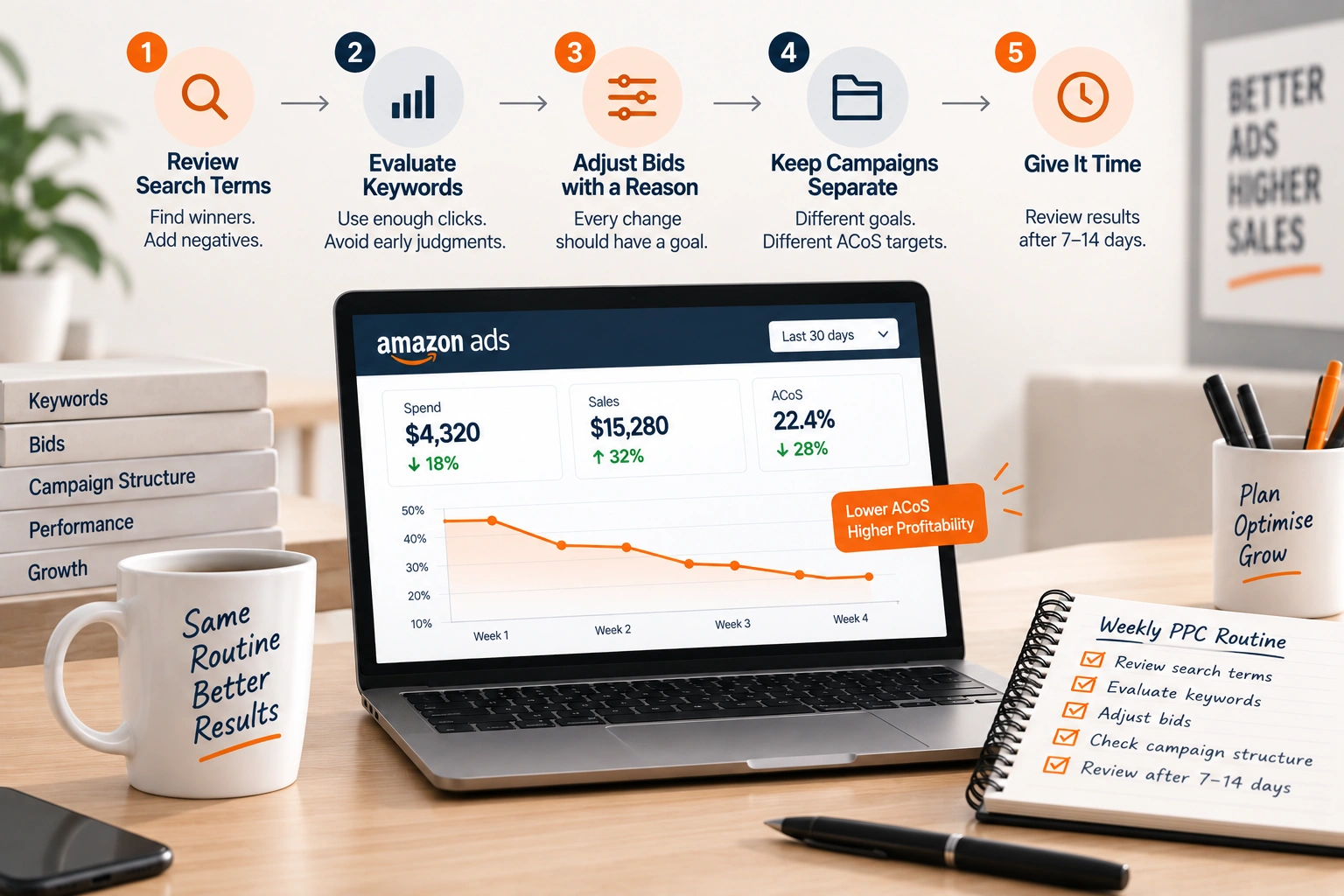 A weekly Amazon PPC optimization review on screen, showing search term data grouped by spend and conversions