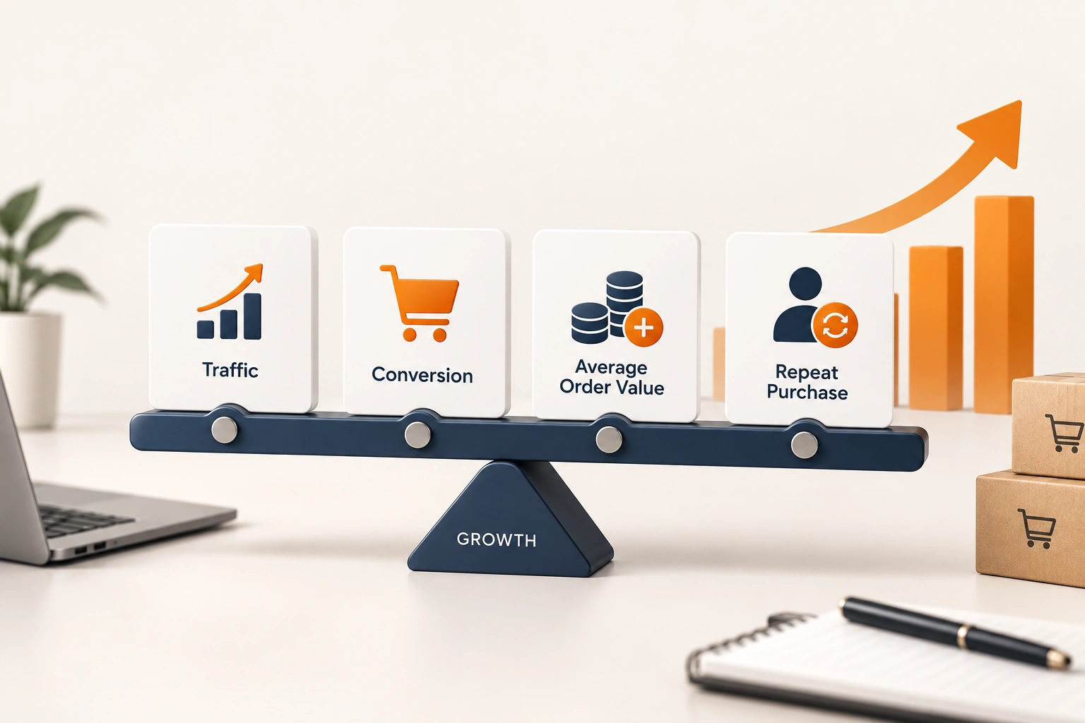 A growth plan drawn as four levers, traffic, conversion, order value and repeat purchase, one marked as the constraint