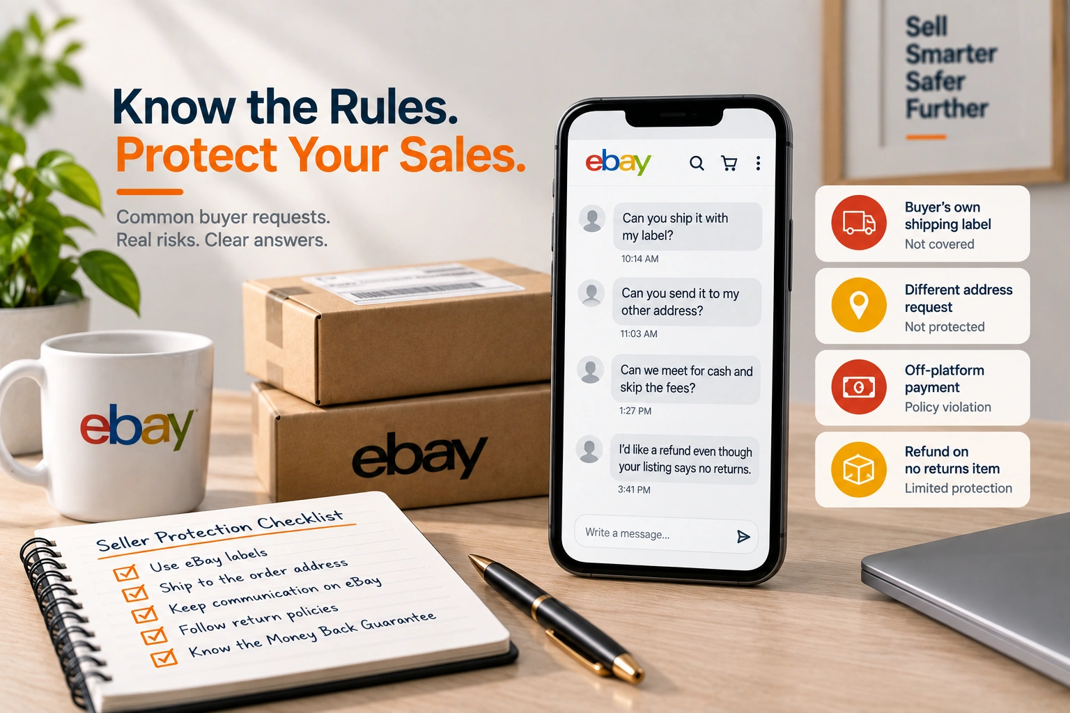 A message screen on a phone beside a parcel with a printed eBay label, one hand holding a second label from another carrier