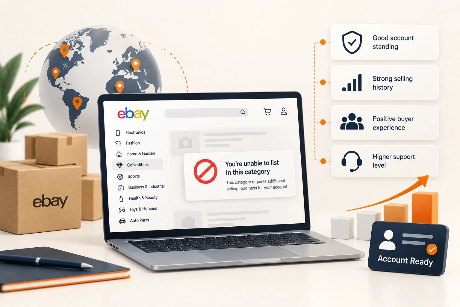 A seller at a desk looking at an eBay listing form with a category field greyed out, boxes stacked behind, in daylight