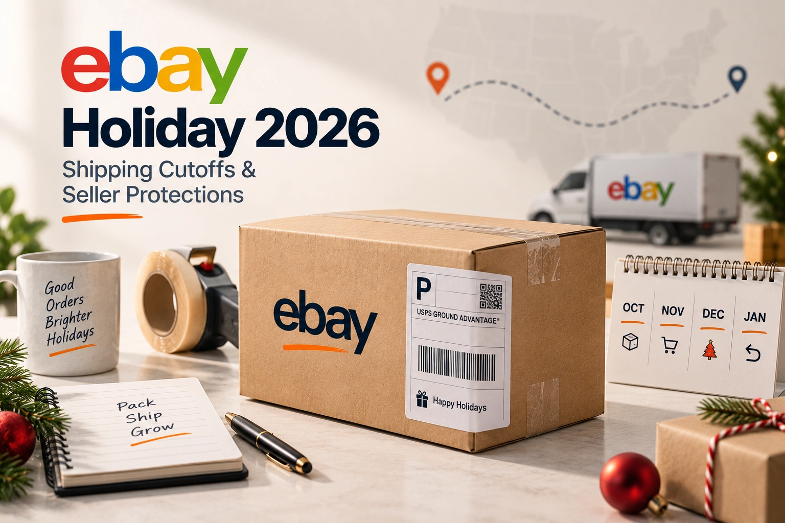 A packing bench stacked with padded mailers and printed labels, a carrier scanner beside them, a December calendar above