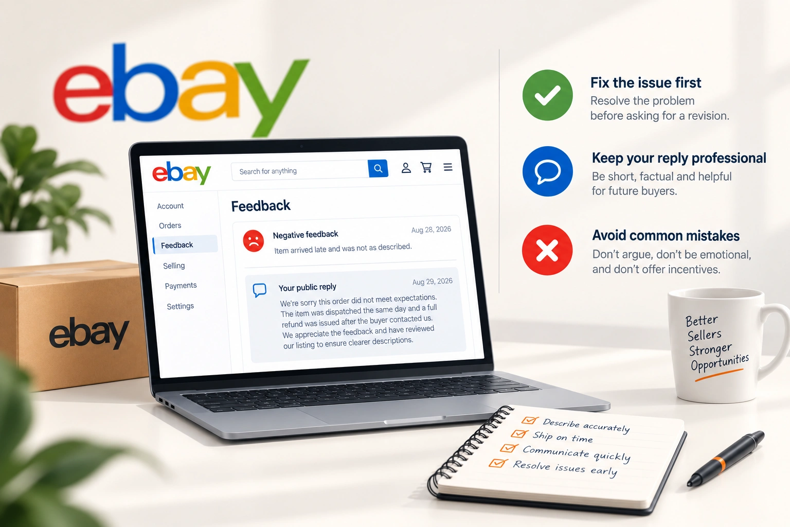 An eBay feedback profile with one negative comment open and a seller reply drafted for future buyers