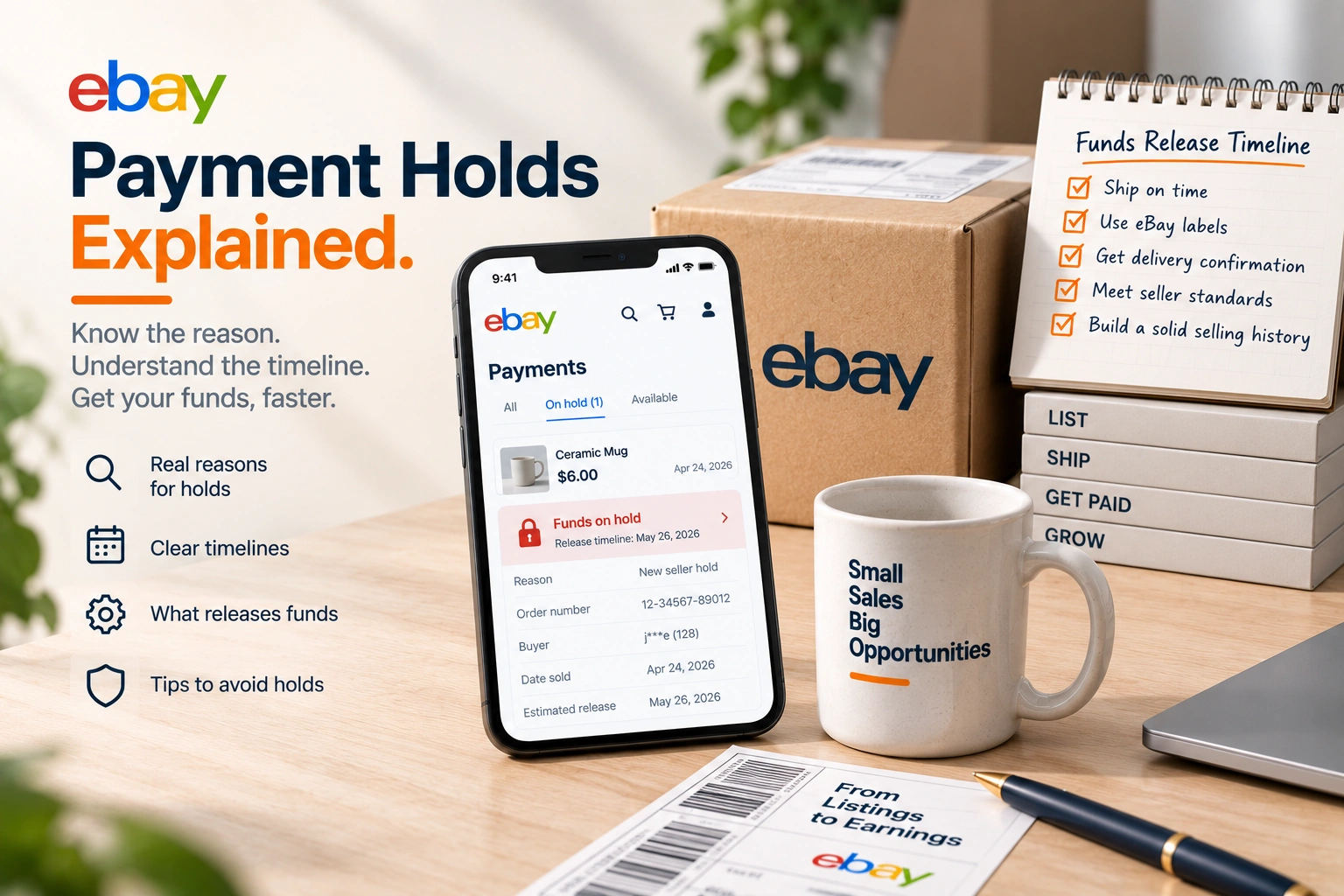A seller's payments screen showing a held balance beside a shipping label and a delivered tracking scan on a phone