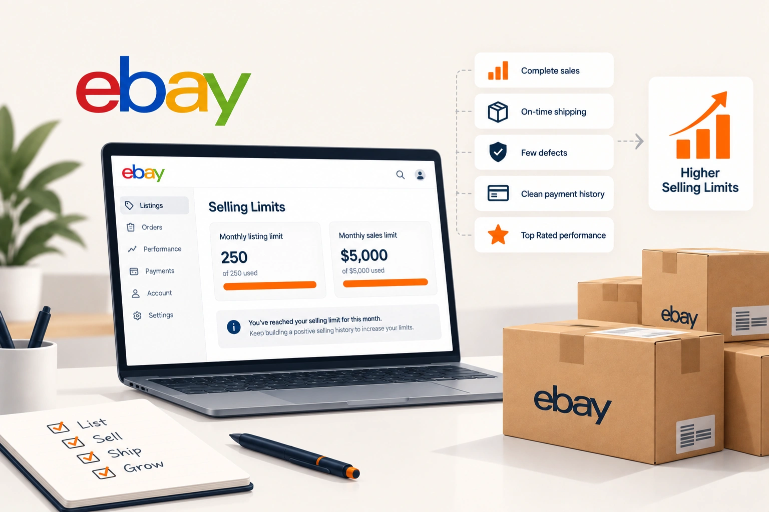 An eBay account with a monthly selling limit near its ceiling and the performance metrics that decide an increase