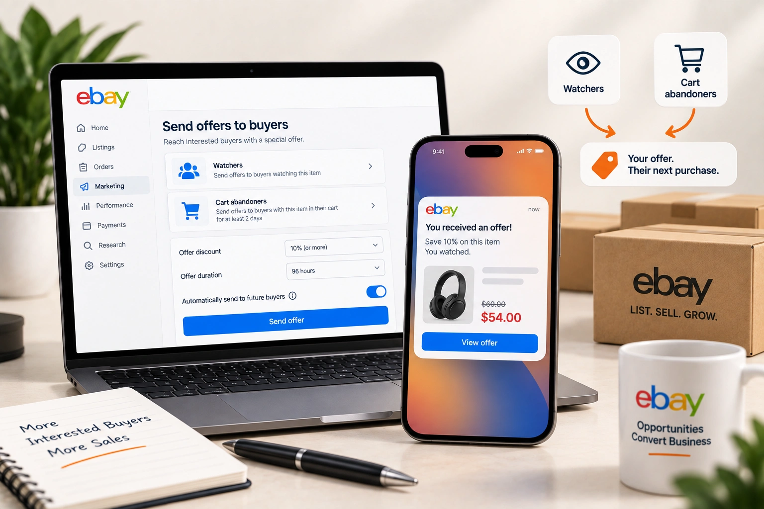 A phone showing a discounted offer notification on a watched item, beside a laptop with a seller's active listings