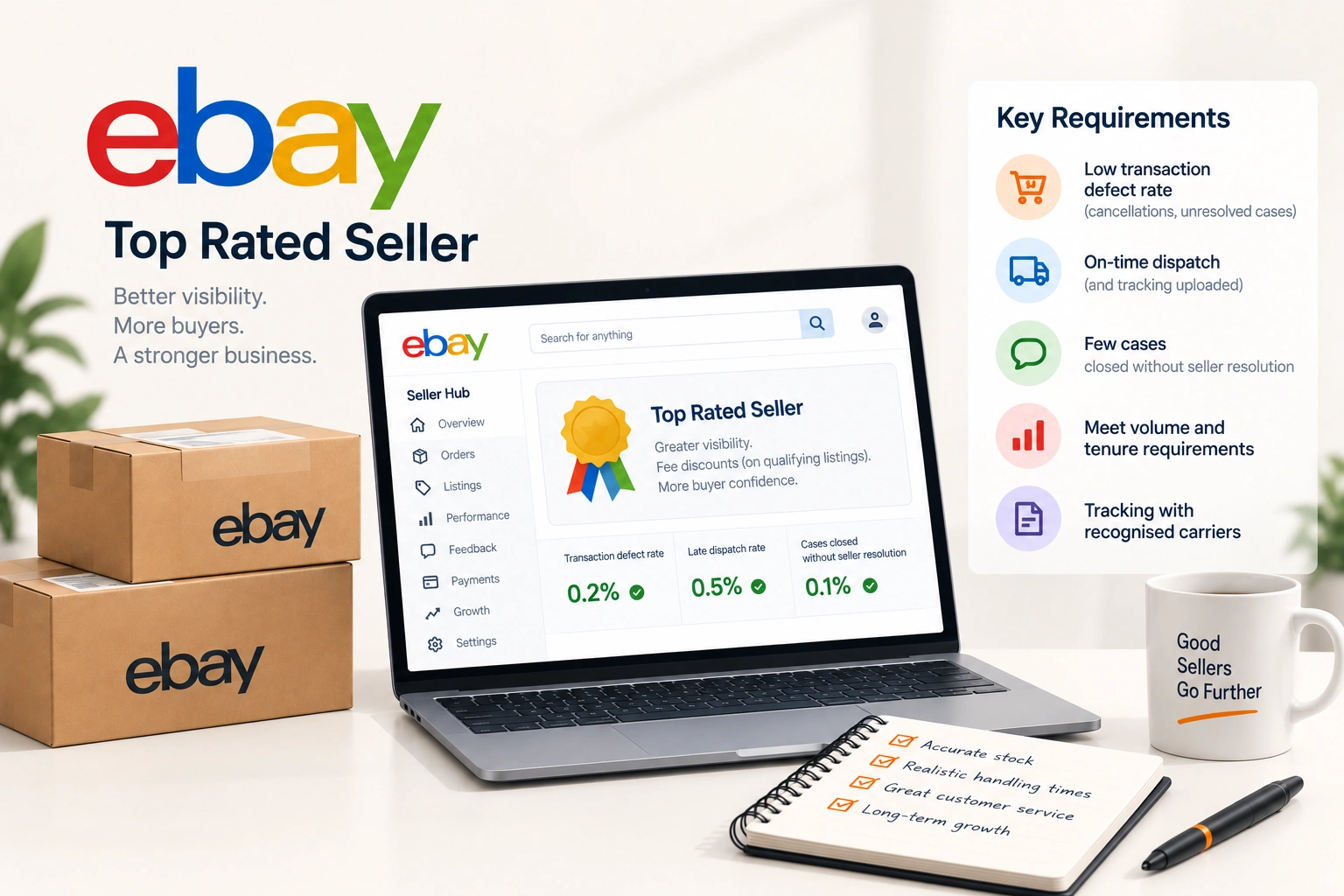 An eBay seller dashboard with the Top Rated thresholds, defect rate and late dispatch rate marked