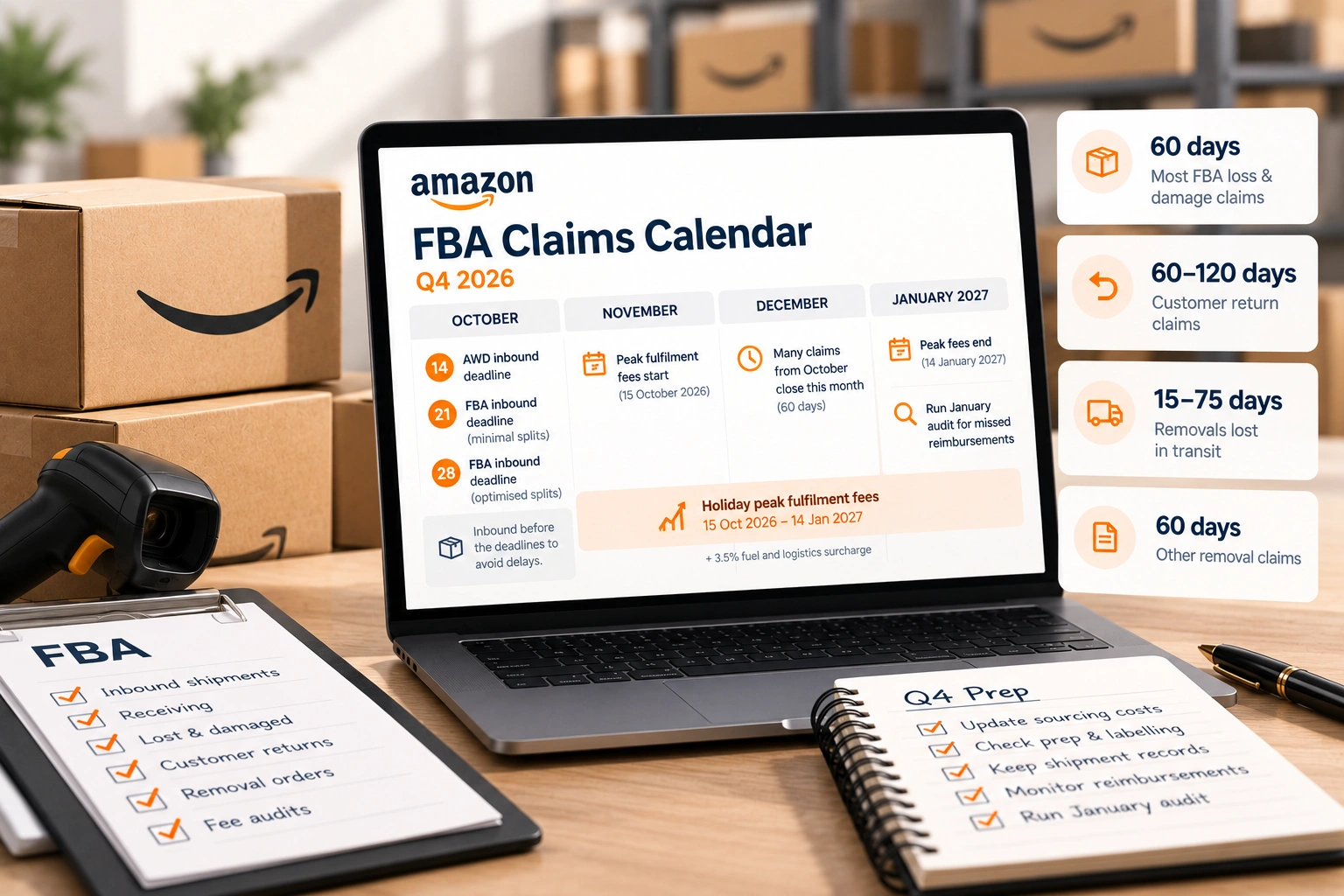 A wall calendar for October to January with shipment and claim dates marked, beside a laptop showing an FBA inventory ledger