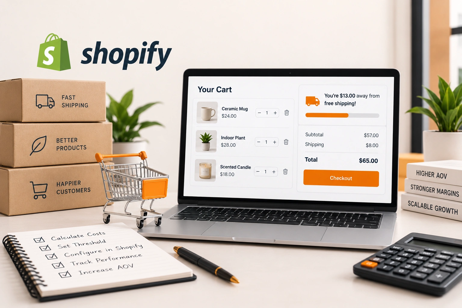 A checkout screen with a progress bar reading a few dollars away from free shipping, beside a packed parcel and a scale