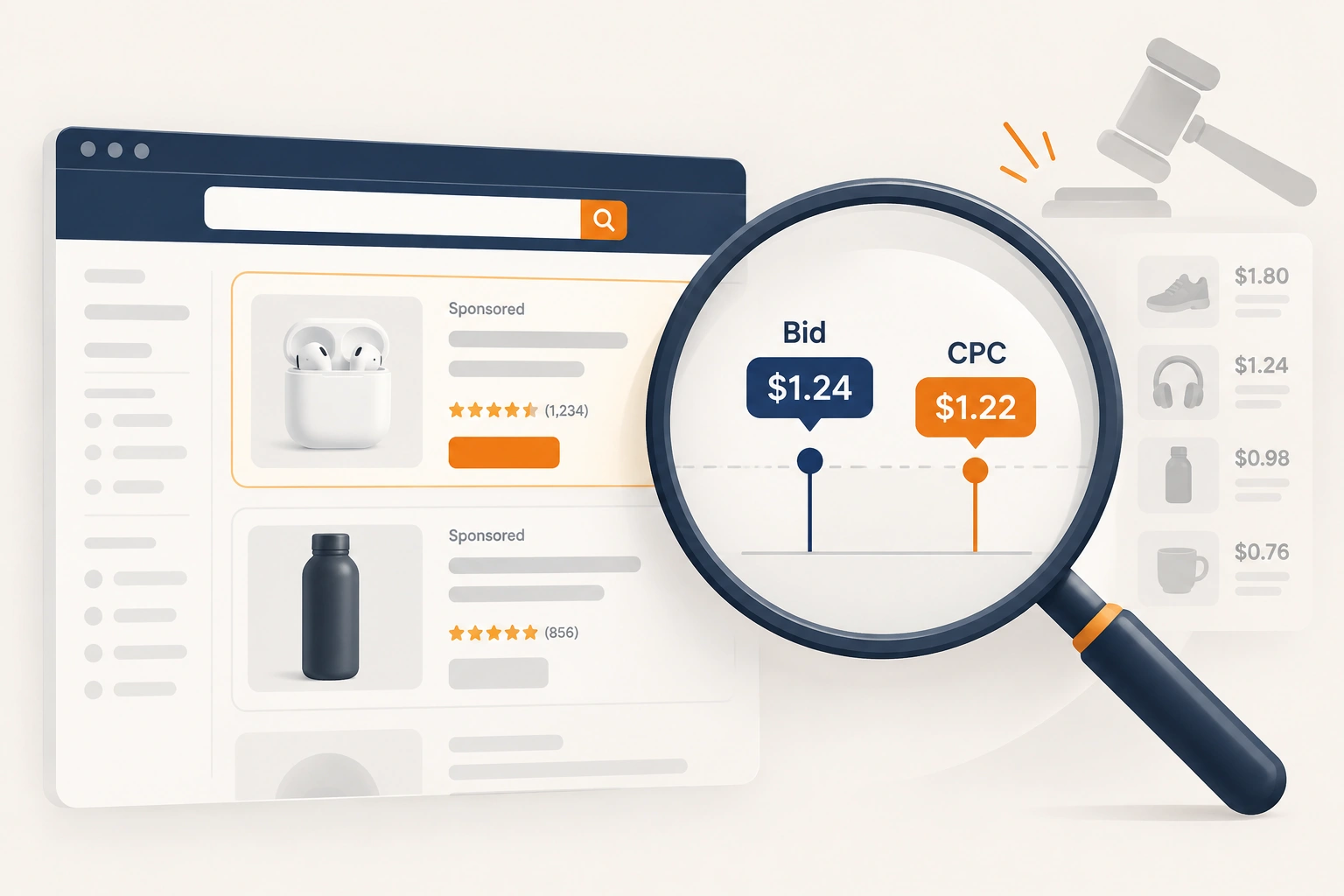 An advertising dashboard on a monitor showing bids beside cost per click, with a printed court filing on the desk