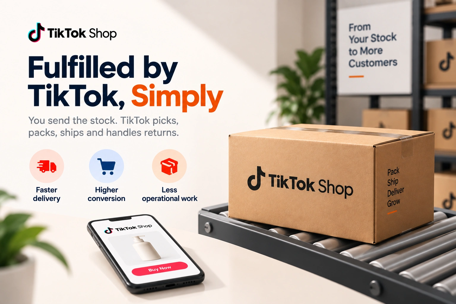 An order placed in a TikTok video shipping from a TikTok warehouse, with the seller's own stock sitting separately