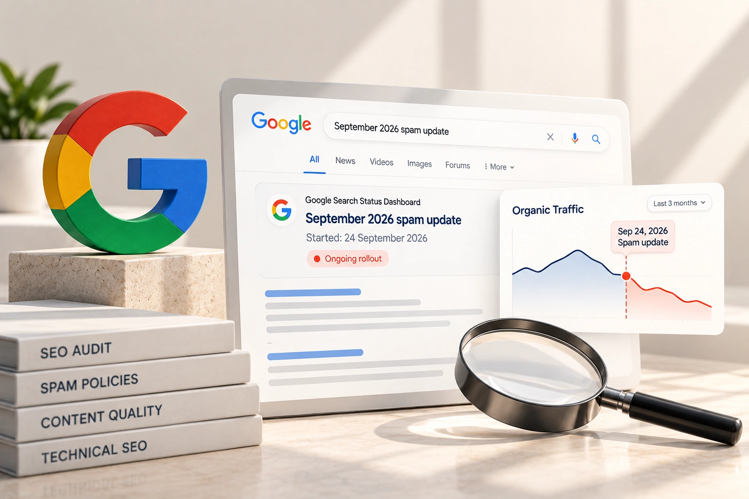 A laptop showing a search traffic graph with a dip in late September, beside a printed list of a store's page types