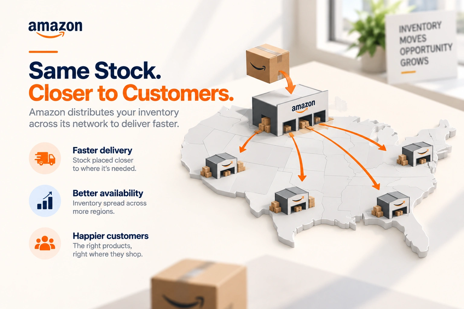 Inventory arriving at one Amazon centre and being distributed across several, with delivery promises shortening as it spreads