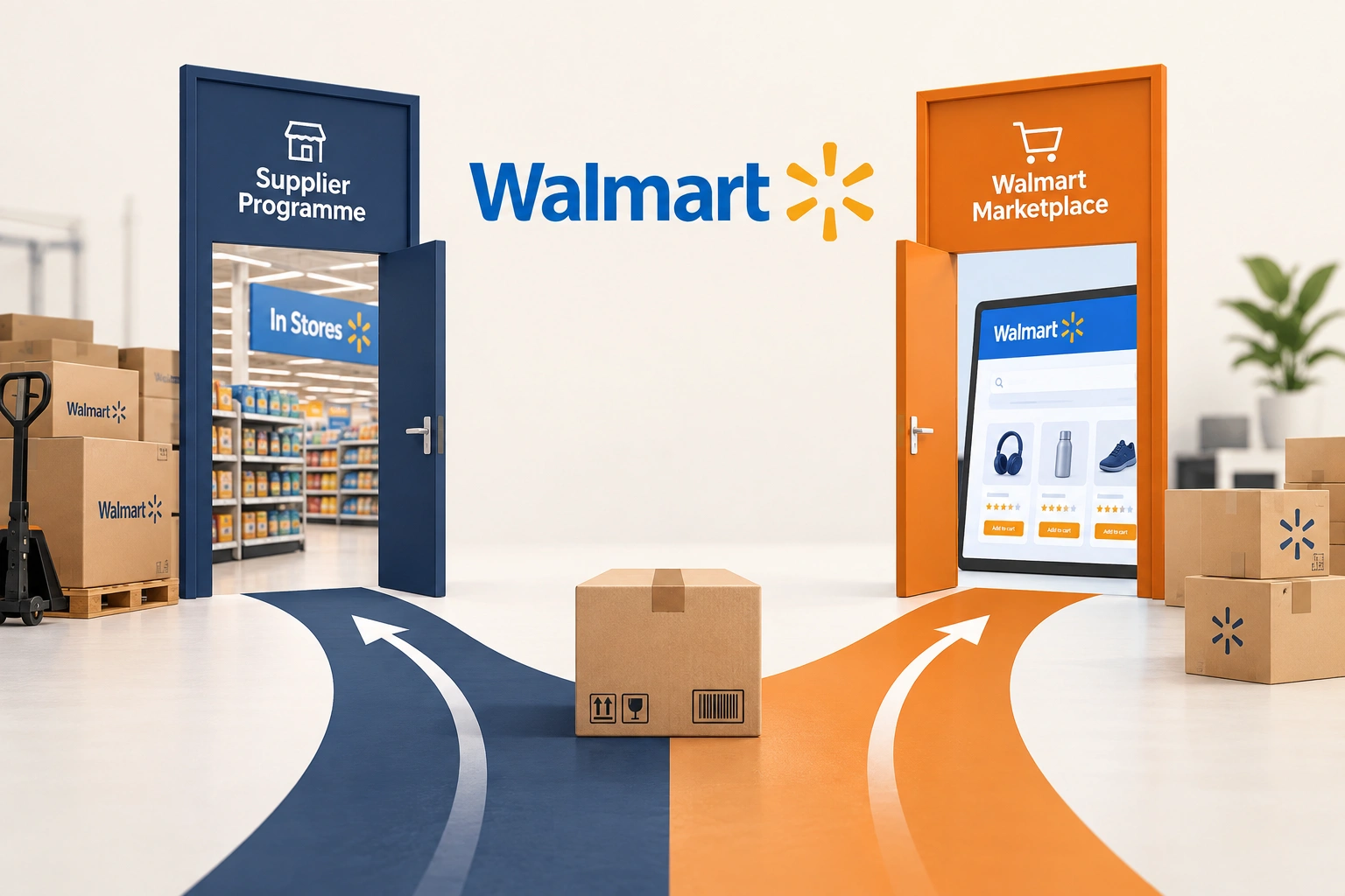 Two doors side by side in a retail corridor, a pallet beside the suppliers' door and a parcel beside the marketplace door