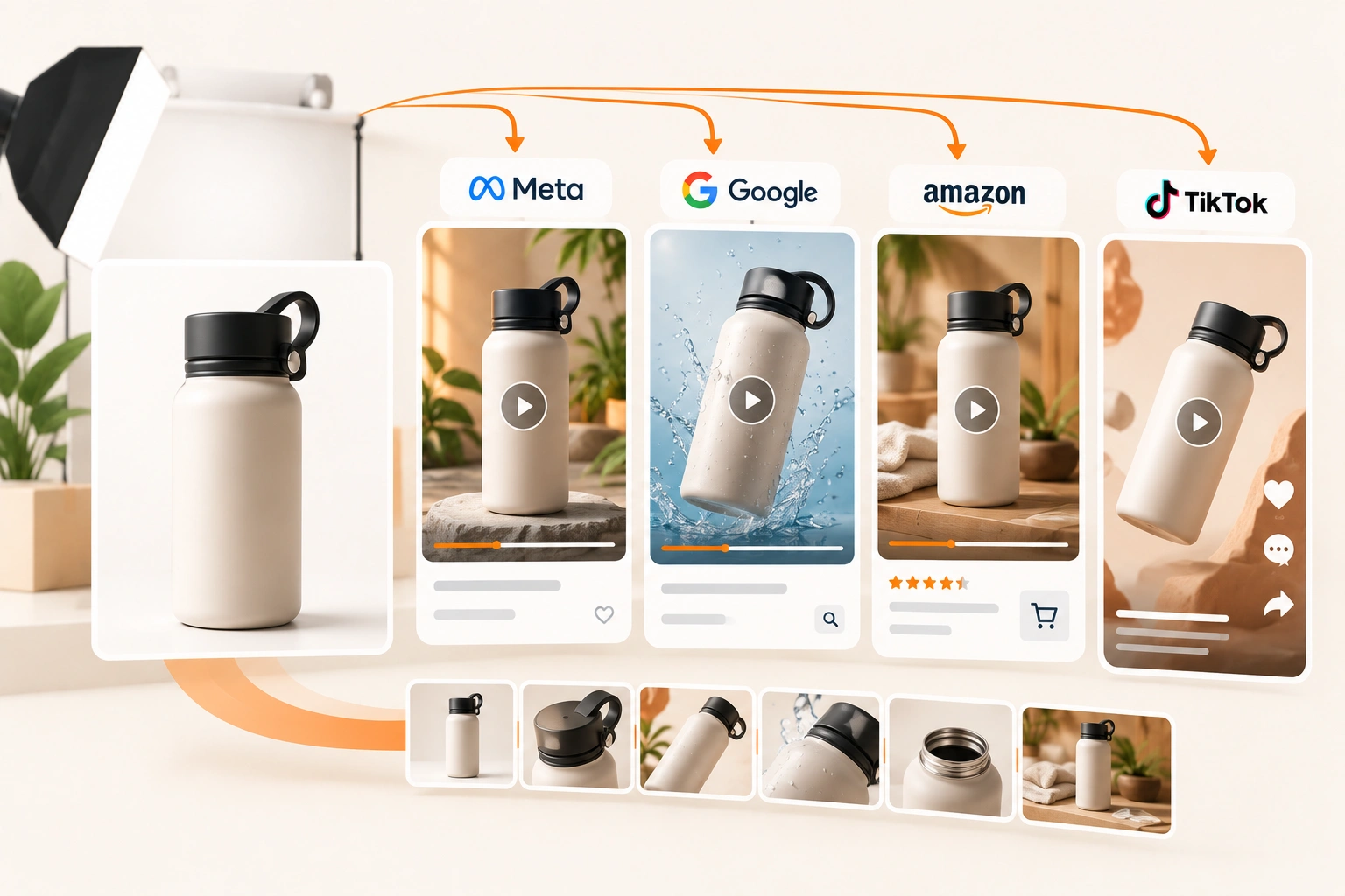 A product shot from five angles laid out on a light table, beside a phone playing a short vertical video of it