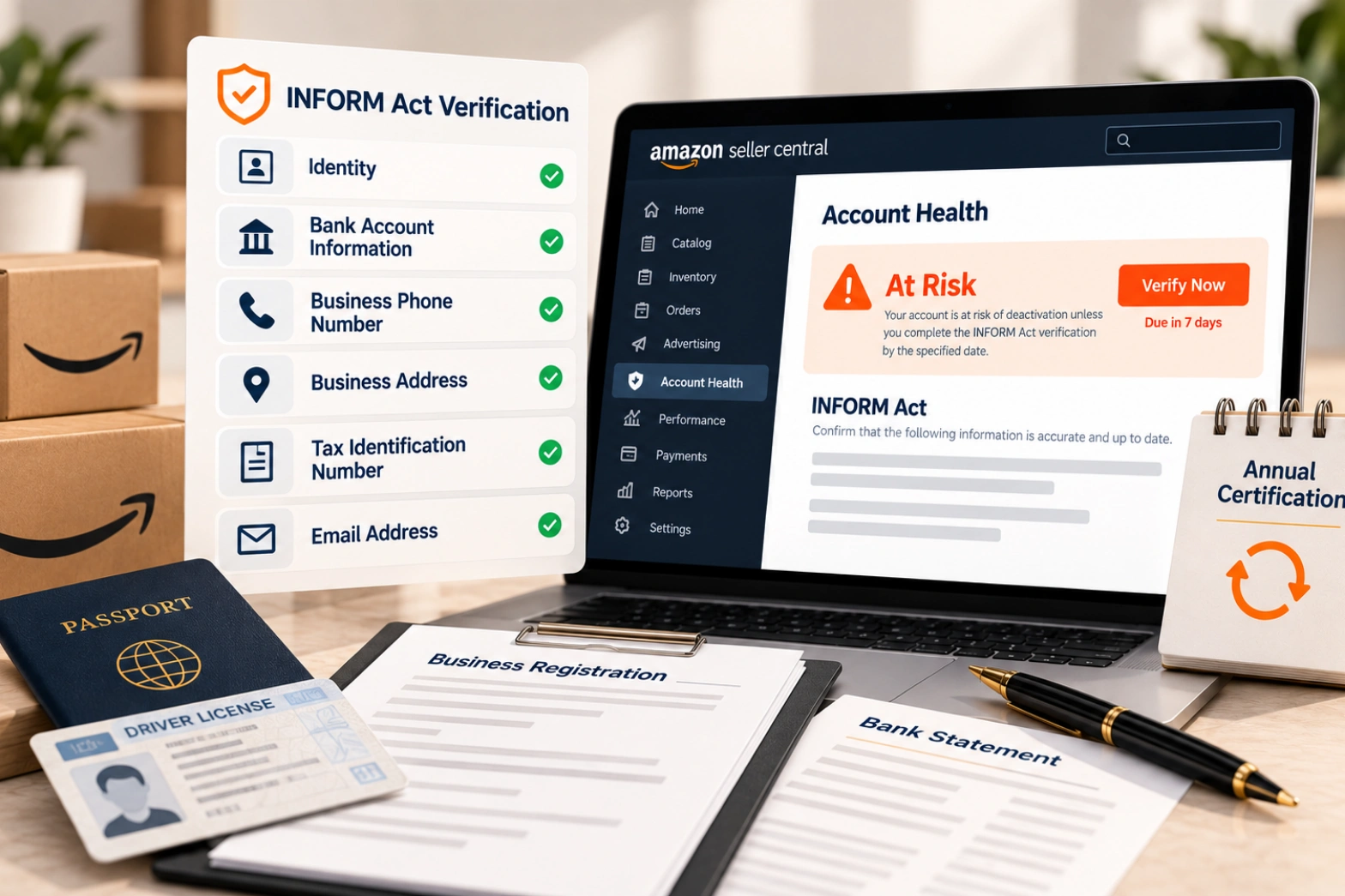 A laptop showing an Amazon account health page with a yellow at risk banner, beside a folder of identity and bank documents